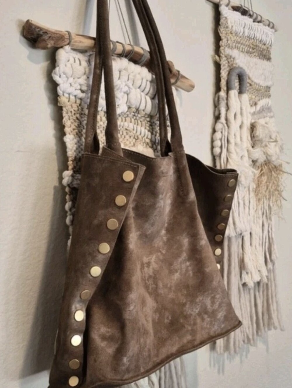 Hammitt Brown Metallic Shimmer Suede Brushed Gold Rivets Oliver Tote Bag - Picture 2 of 15
